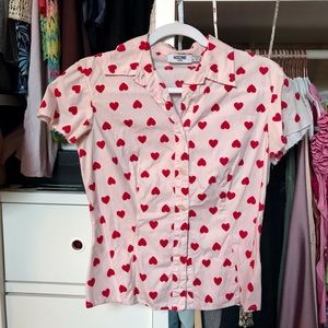 🩵❤️🤍 Moschino Jeans❤️🤍 Heart Print Short Sleeve Button Down